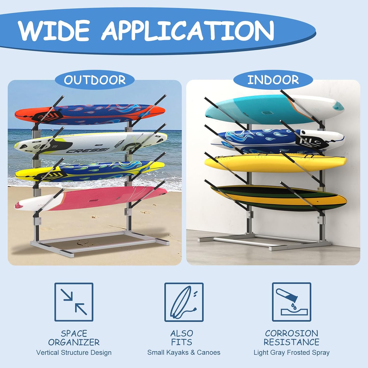 4-Tier Freestanding Surfboard Rack, Watersport Kayak and Kayaks Rack with Two Silicone Mat, Kayak Storage Rack for SUP, Surfboard, Paddle, Ski, Skateboards