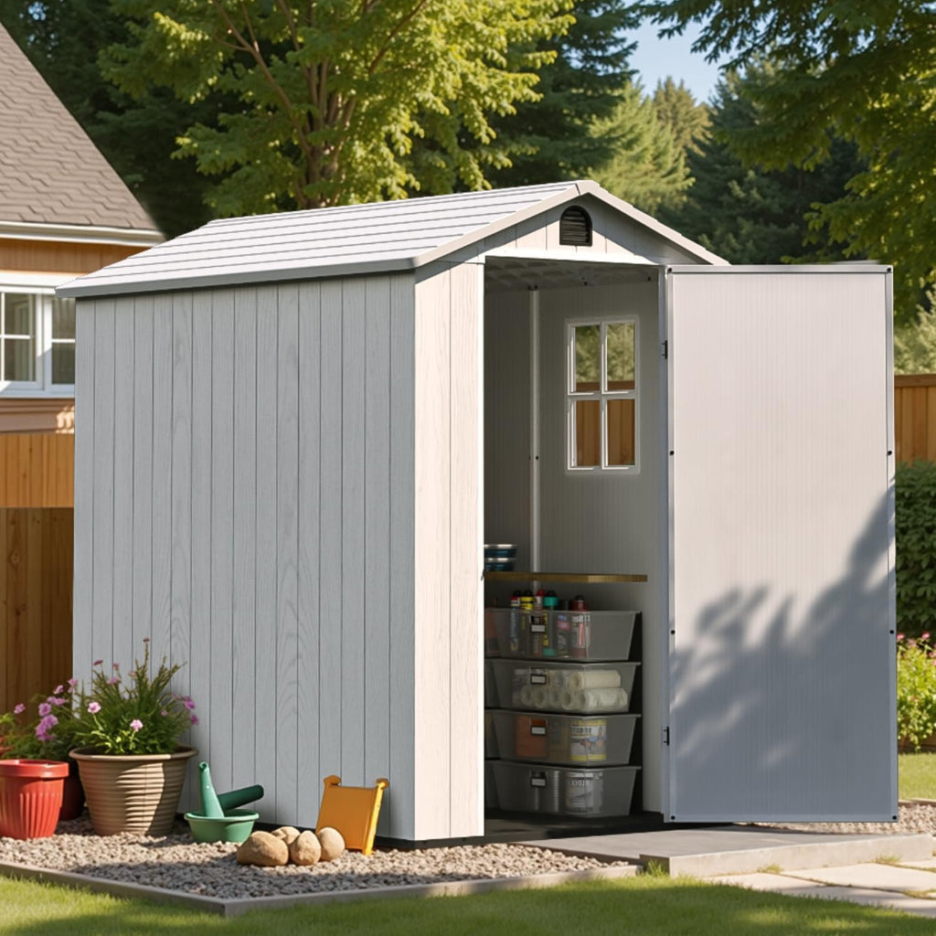 Patiowell 4 x 6 FT Resin Storage Shed with Floor, Outdoor Plastic Garden Shed with Lockable Door & Window, Easy Assembly Tool Shed for Backyard, Light Gray