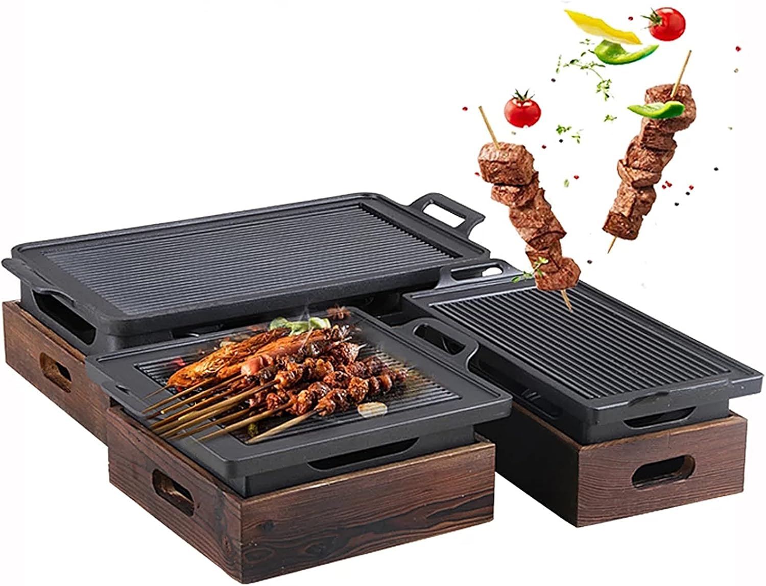 Portable BBQ Grill, Japanese-Korean Household Wooden Alcohol Stove BBQ Grill with Wooden Base for Indoor Dining Table, Camping, Outdoor Garden BBQ,35cm