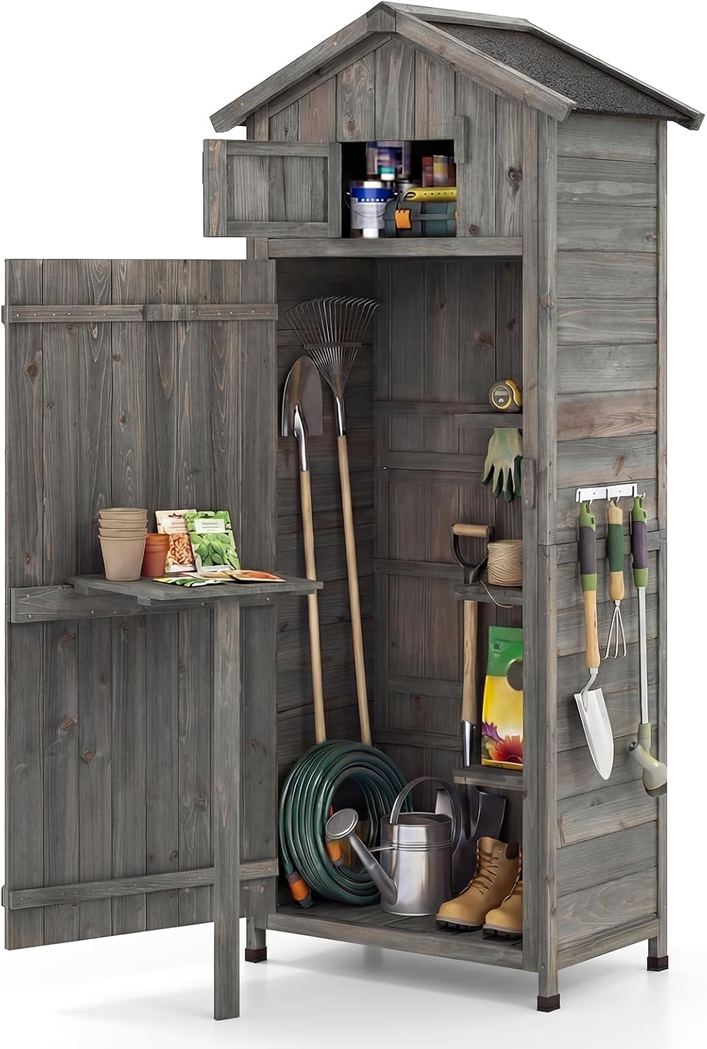 Goplus All-in-One Storage Shed, 70' Tall Wooden Lockable Cabinet w/Foldable Work Table, Vertical Utility Tool Organizer w/Shelves & Hooks, Waterproof Garden Shed for Patio Backyard (Gray)