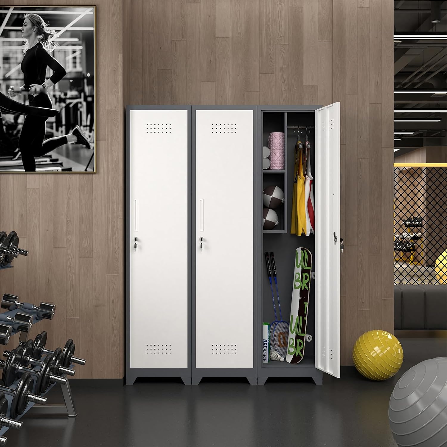 IRONFFICE Slim Cabinet,Narrow Broom Closet Storage Cabinets with Doors,Narrow Utility Closet with Hanging Rod,Slim Laundry Storage Cabinet for Garage,Living Room,Grey-White