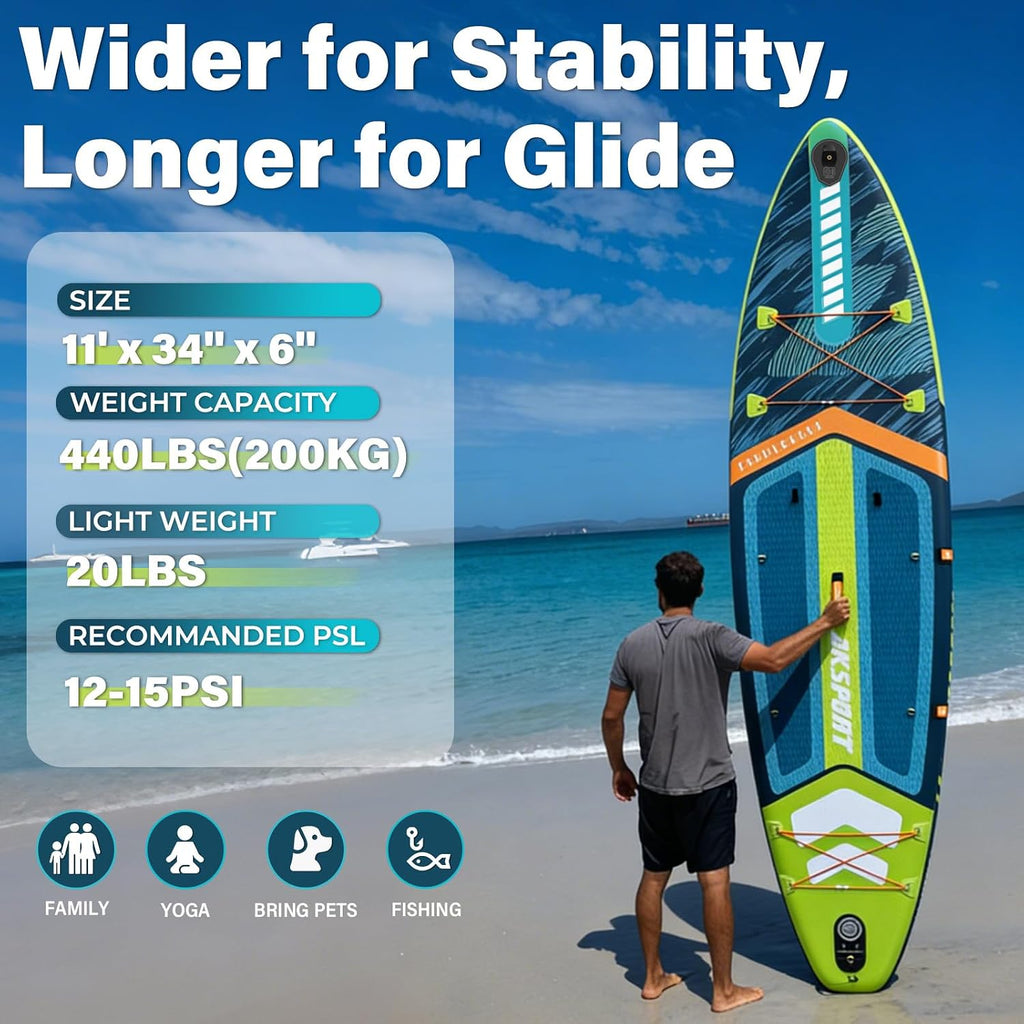 AKSPORT 11' Inflatable Stand-Up Paddle Board with Upgraded SUP Accessories Kit | Extra Wide 34' Design | Non-Slip Deck | Premium SUP Board for Adults & Youth of All Levels