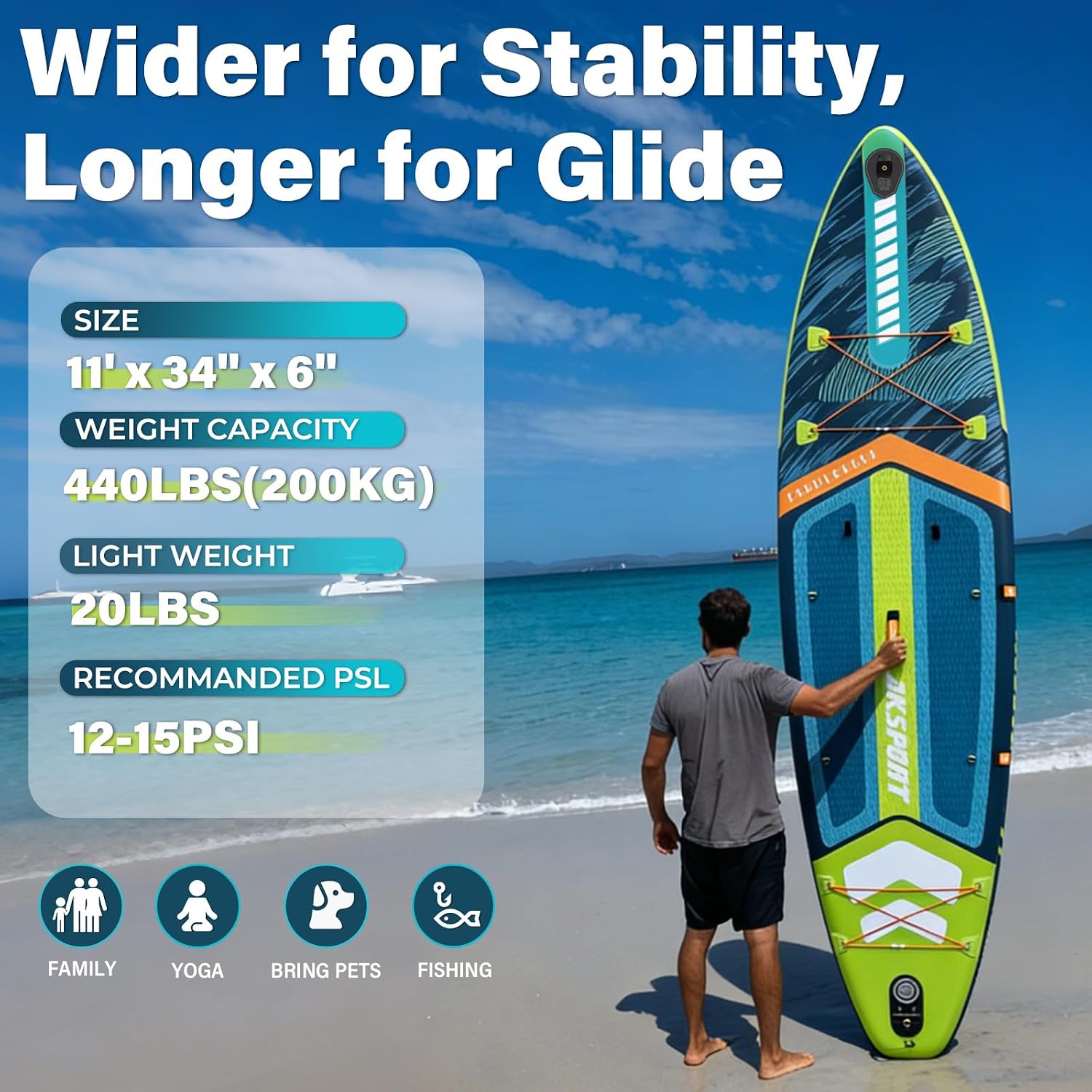 AKSPORT 11' Inflatable Stand-Up Paddle Board with Upgraded SUP Accessories Kit | Extra Wide 34' Design | Non-Slip Deck | Premium SUP Board for Adults & Youth of All Levels