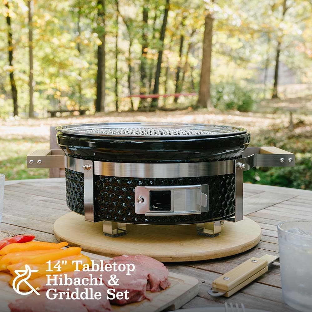 Ash & Ember 14' Hibachi Tabletop Grill & Griddle Set, Ceramic Charcoal Grill, Stainless Steel Cooking Grate, Non-Stick Maifan Griddle, Griddle Lifter, Adjustable Temp Control