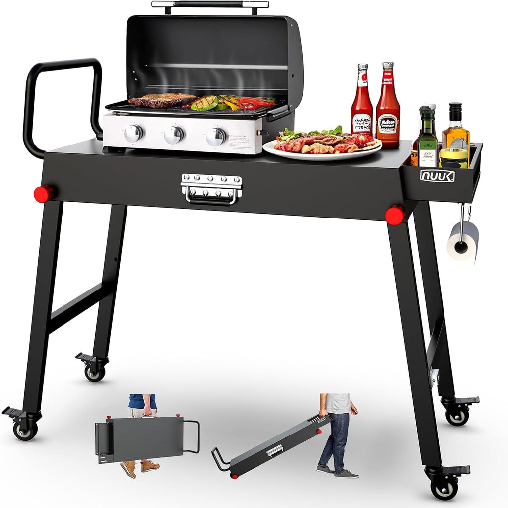 NUUK 31'x17' Heavy Duty Folding Grill Table Cart with Locking Wheels Side Shelves 300LBS Capacity for Griddles Pizza Ovens Outdoor Cooking Perfect for Outdoor Countertop and Grill Prep Table Use