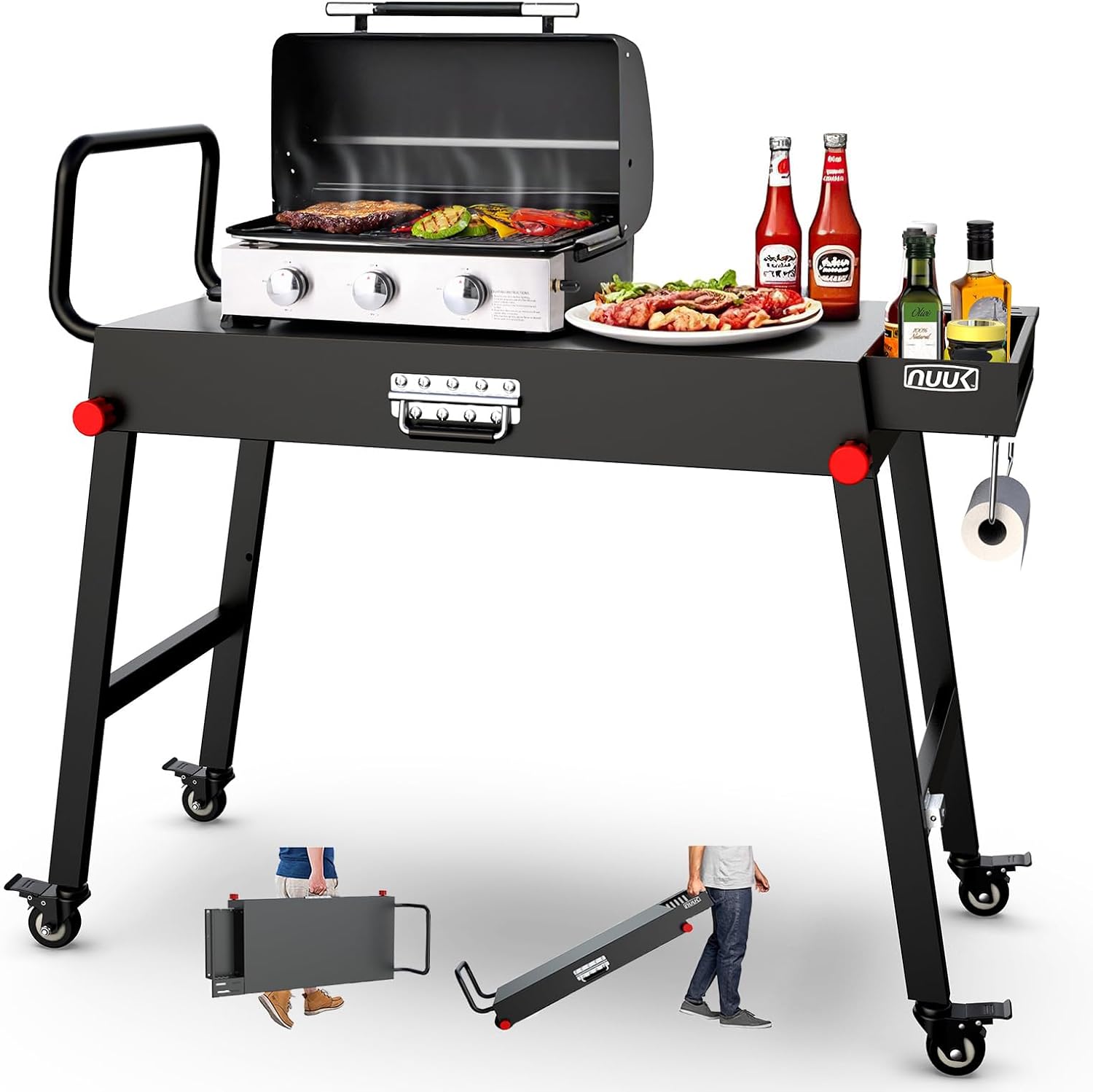 NUUK 31'x17' Heavy Duty Folding Grill Table Cart with Locking Wheels Side Shelves 300LBS Capacity for Griddles Pizza Ovens Outdoor Cooking Perfect for Outdoor Countertop and Grill Prep Table Use