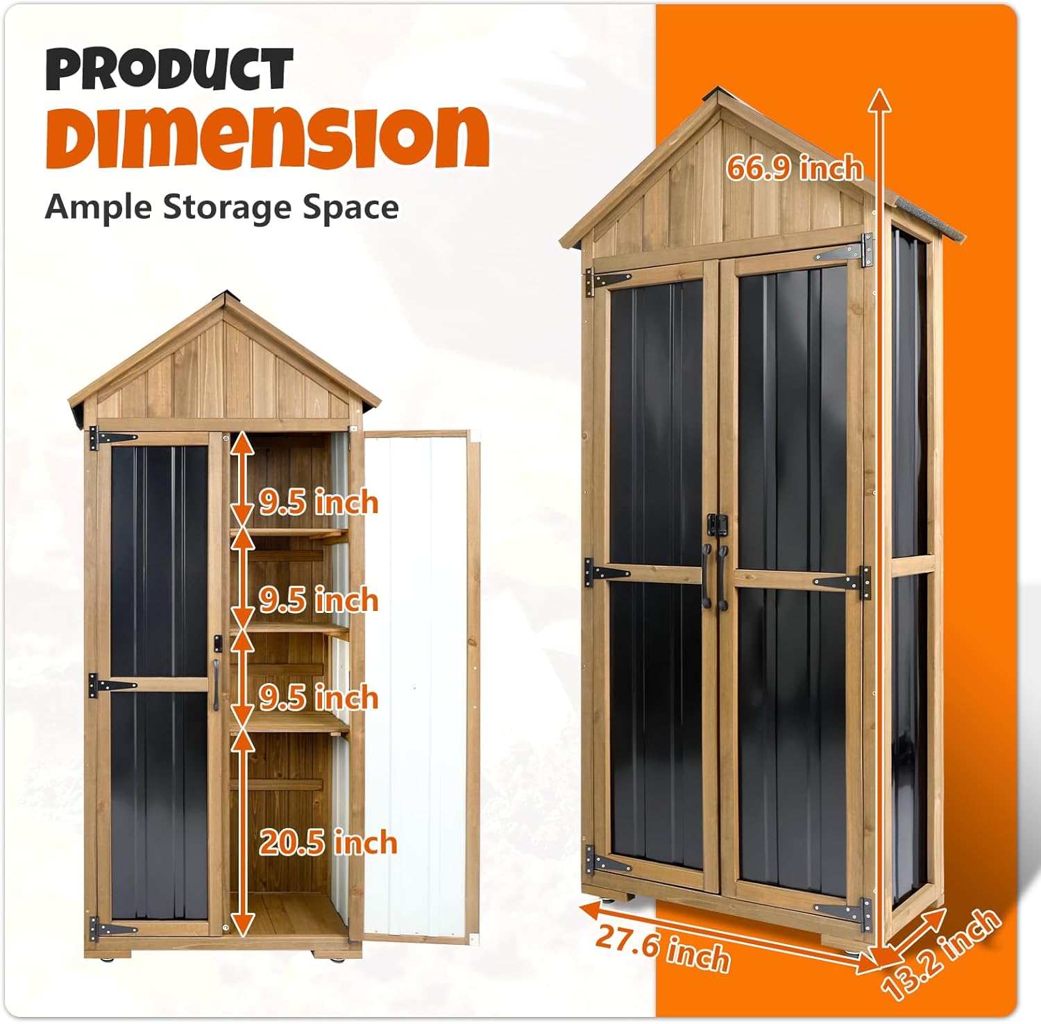 Outdoor Storage Cabinet with Shelves, Wood & Metal Storage Shed with Weatherproof Roof, 3 Removable Shelves, Double Lockable Doors, Adjustable Feet, Outside Storage Cabinet for Garage,Backyard, Patio