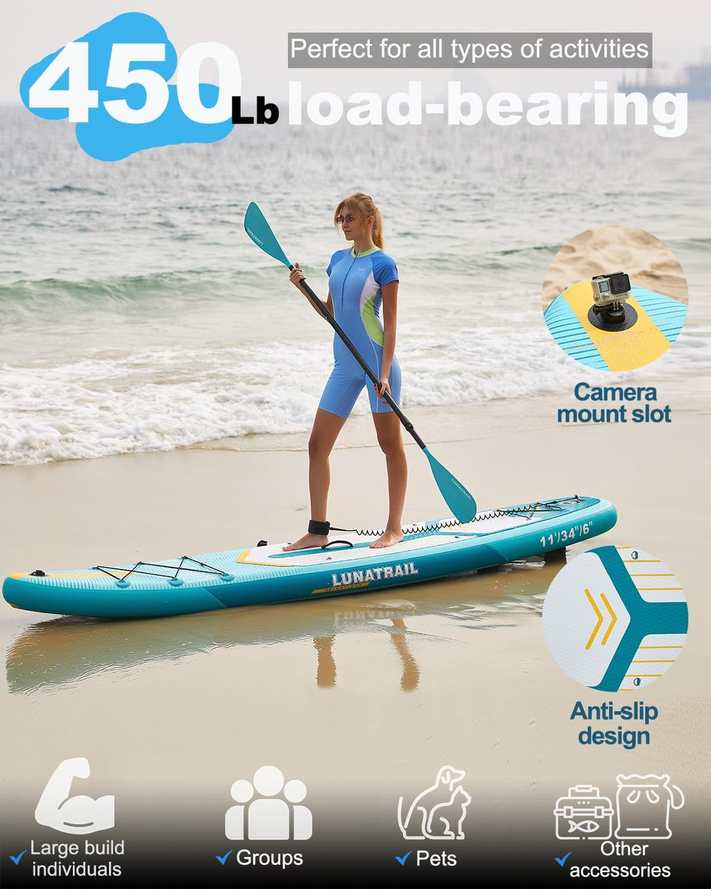 【11'×34'】 Extra Long/Extra Wide Premium Inflatable Stand Up Paddle Board (SUP) – Portable & Lightweight for Yoga, Surfing, Family Fun | Complete Kit with Paddle, Pump, Bag | Durable Design