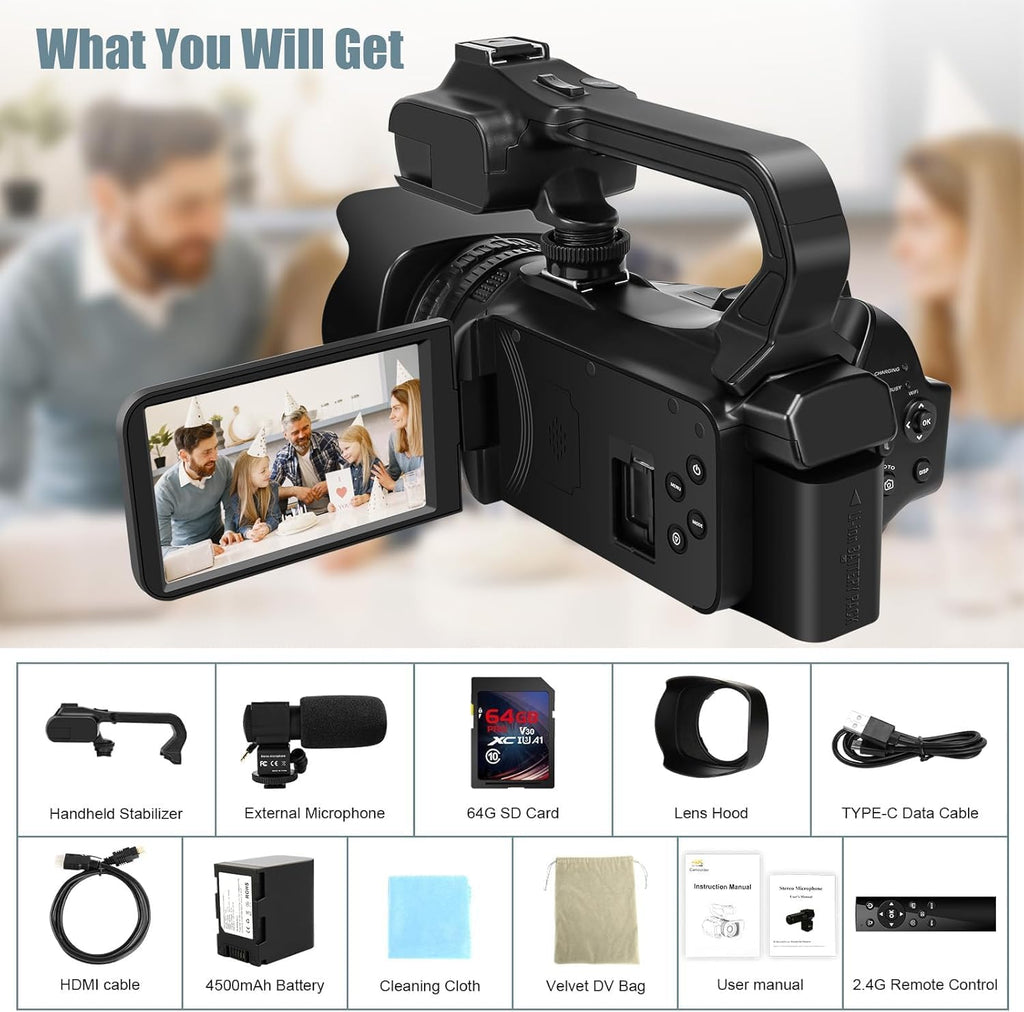 Camcorder Video Camera 6K 64MP IR Night Vision Vlogging Camera for YouTube 18X Digital Zoom 4.0 Inch Touch Screen Video Camera with WiFi, Microphone, Remote Control, 64GB SD Card,Stabilizer