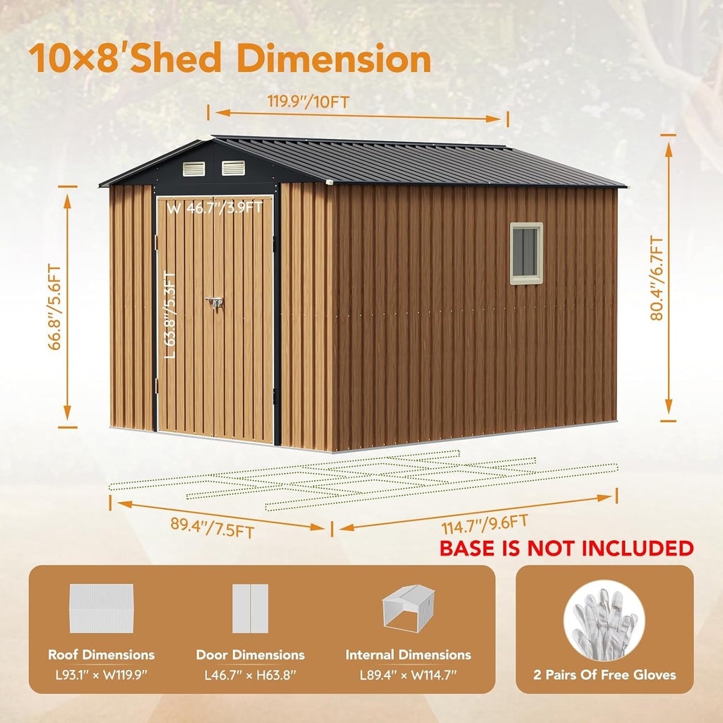 10X8 FT Garden Storage Shed with Lockable Door,Steel Tool Shed with 1 Clear Window, Anti-Corrosion Metal Shed for Backyard Patio Lawn (Wood Panels & Frame Floor Not Included)