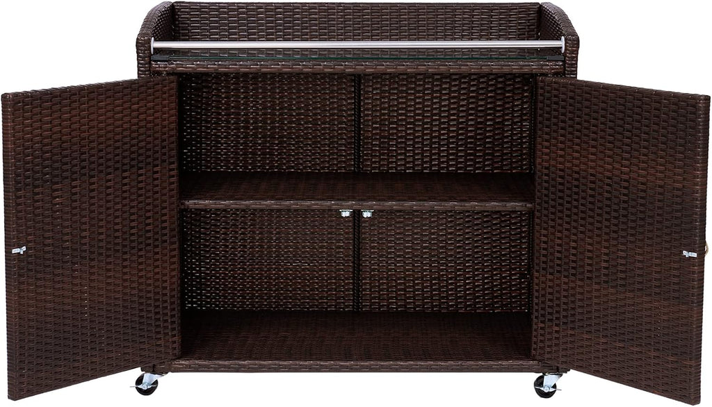 Teamson Home Veronica Outdoor Portable PE Rattan Serving Cart with Wheels, Brown