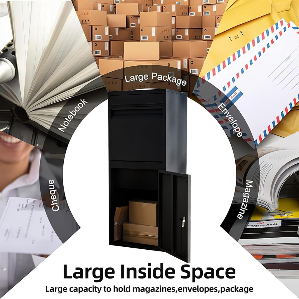 Black Mailboxes for Outside, Anti-Theft Galvanized Steel Large Package Delivery Boxes with Safety Lock, Adjustable Baffle Parcel Drop Box,Windproof and Rainproof Packages Box for front Porch