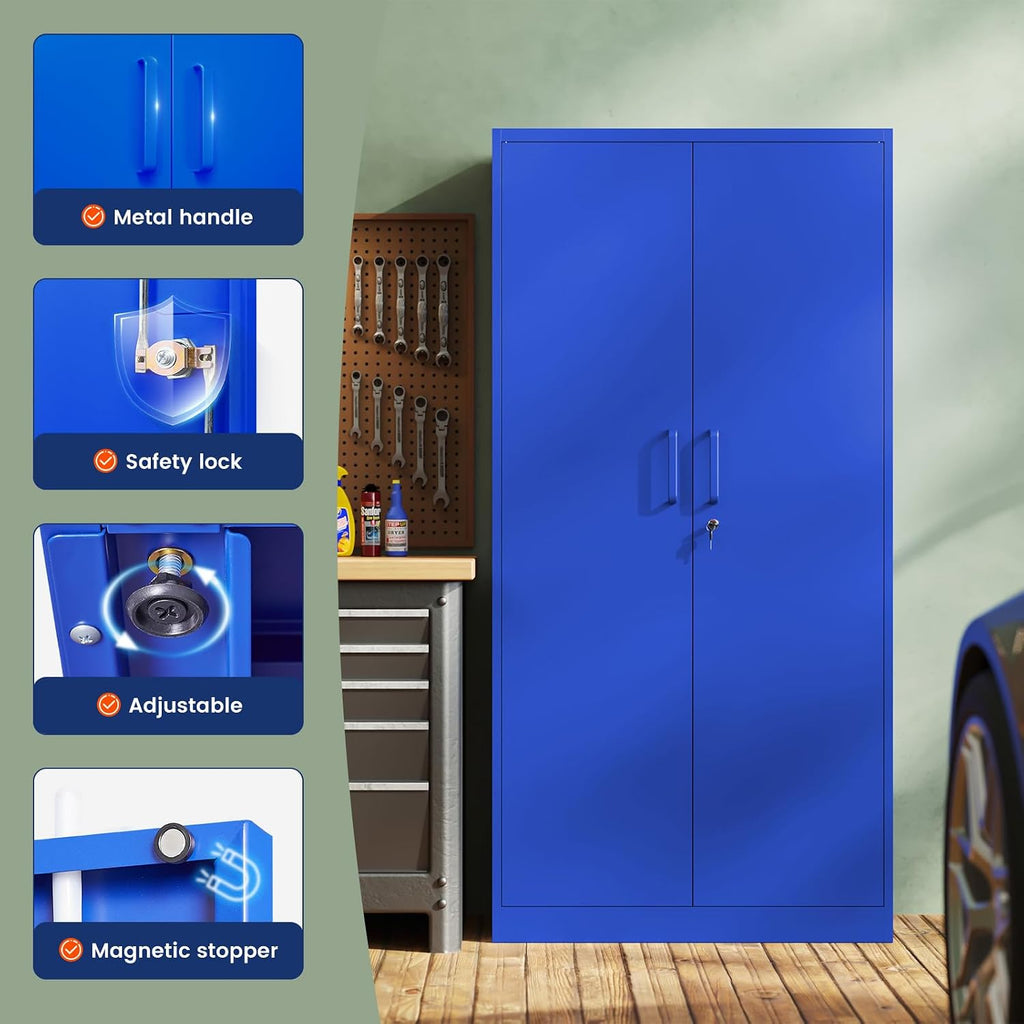 Yizosh Metal Garage Storage Cabinet with 2 Doors and 5 Adjustable Shelves - 71' Steel Lockable File Cabinet,Locking Tool Cabinets for Office,Home,Garage,Gym,School (Blue)