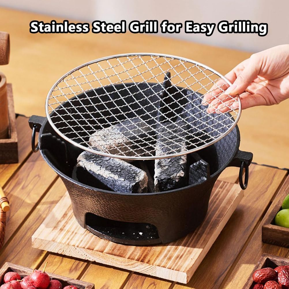 AIZYR Mini BBQ Grill, Portable Charcoal Stove Korean Tabletop Grill Barbecue Grill with Wooden Base for Outdoor Party Camping Picnics,28cm