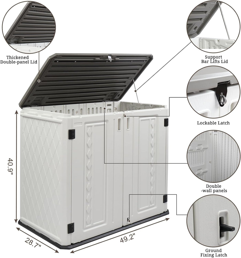 VINGLI Outdoor Horizontal Storage Shed Waterproof with 34 Cubic Feet Storage Space, 50' x 29' x 41' Patio Storage Cabinets for Garbage Cans, Bike, Tools， Deck Box for Yard, Porch, Garden, White