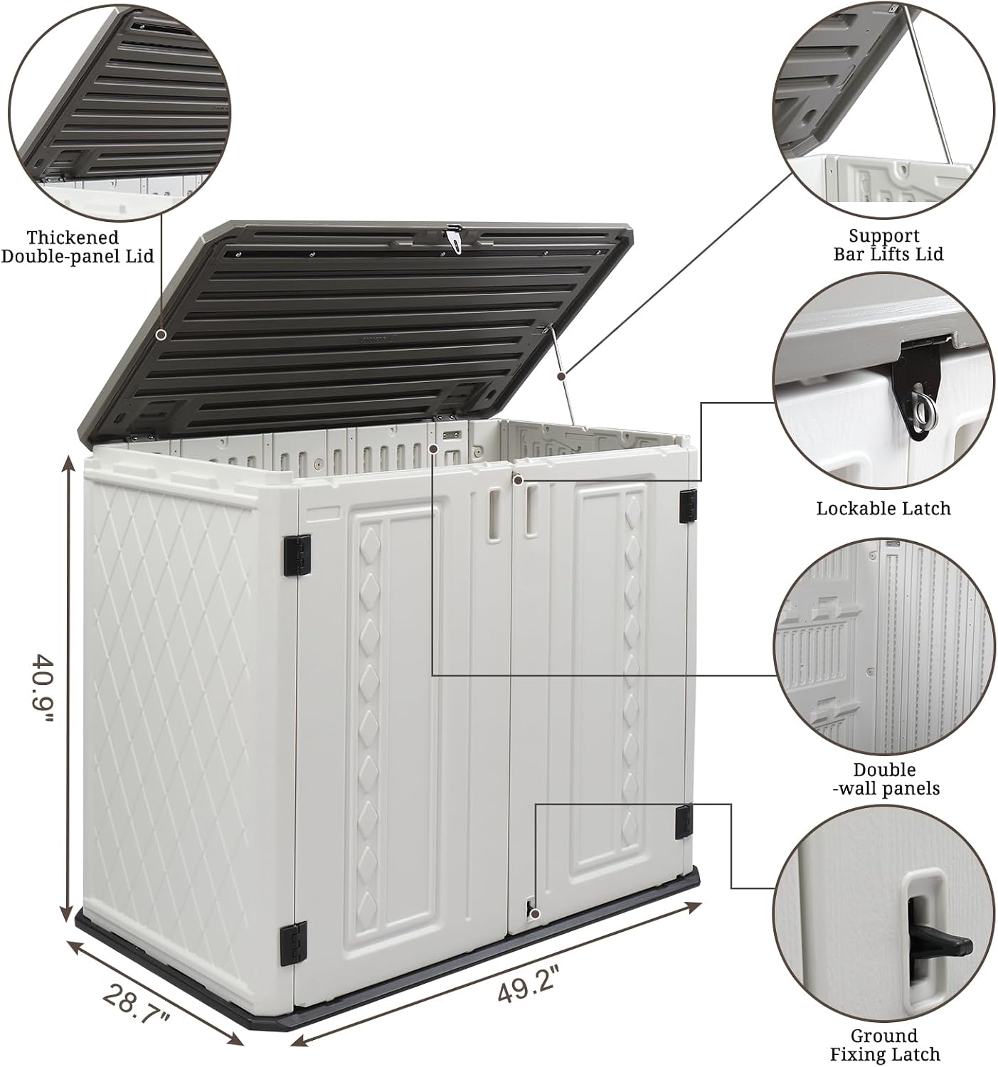 VINGLI Outdoor Horizontal Storage Shed Waterproof with 34 Cubic Feet Storage Space, 50' x 29' x 41' Patio Storage Cabinets for Garbage Cans, Bike, Tools， Deck Box for Yard, Porch, Garden, White