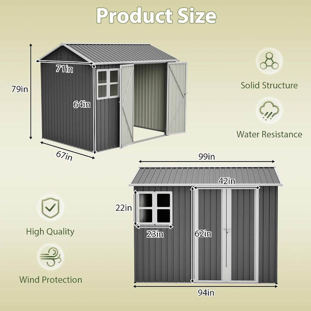 8X 6ft Outdoor Storage Shed with Clear Window, Heavy-Duty Tool Shed with Breathable Vent and Lockable Doors, Weather Resistant Steel Garden Shed