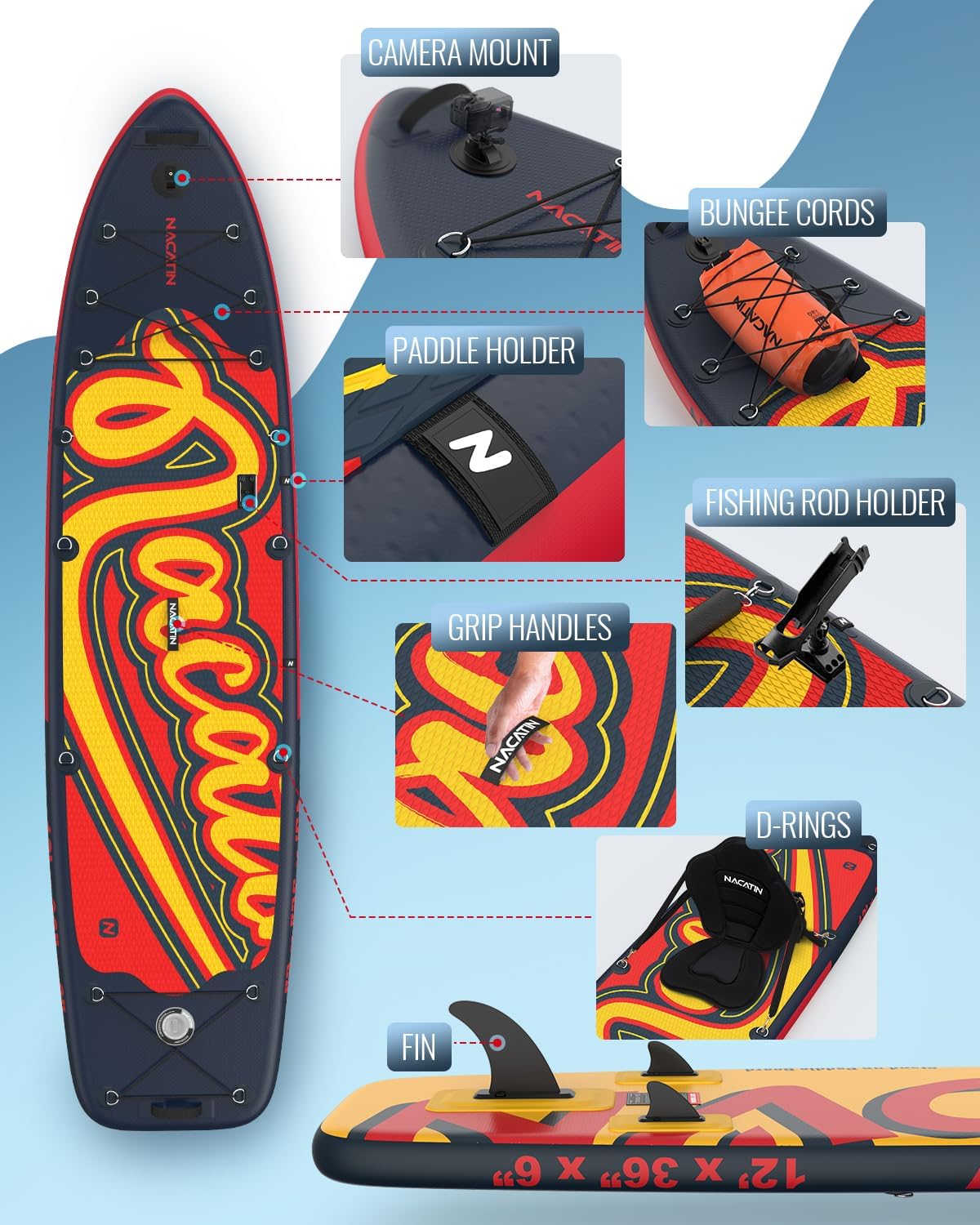 NACATIN 12'/366cm Extra Large Inflatable Stand Up Paddle Board with Seat, Wide 36'/91cm SUP Board for Adults & Family, with Single/Double Paddle, Kayak Seat, Pump, Stable Wide Deck for Beginners