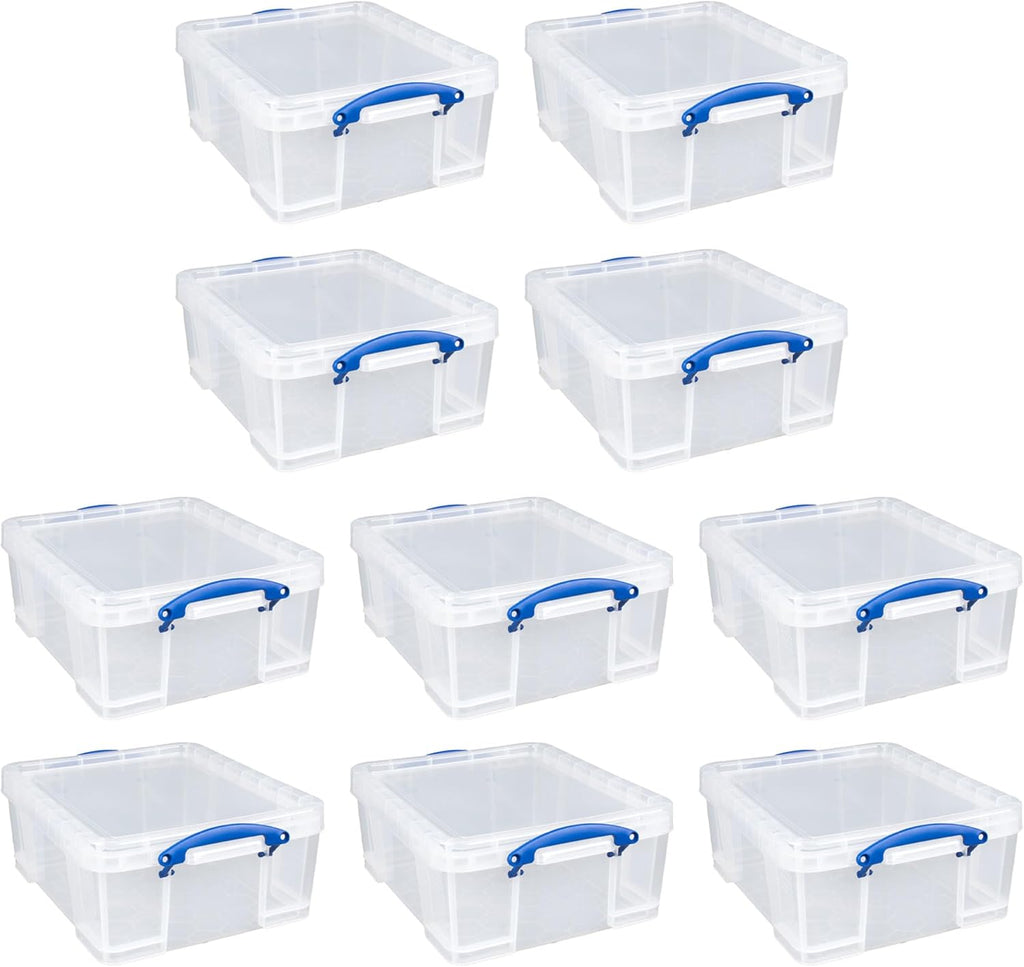 Really Useful Box 10 Pack 17L Plastic Storage Bins with Snap Lids and Clip Lock, Clear