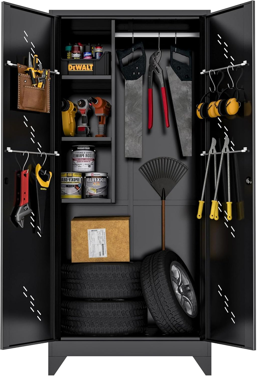 VASAAOSD Metal Garage Storage Cabinet, 75' Cleaning Tool Cabinet with Hooks and Hanging Rods, Heavy Duty Garden Tool Organizer, Broom Cabinets for Home, Garage, Laundry Room, Gym, Workshop
