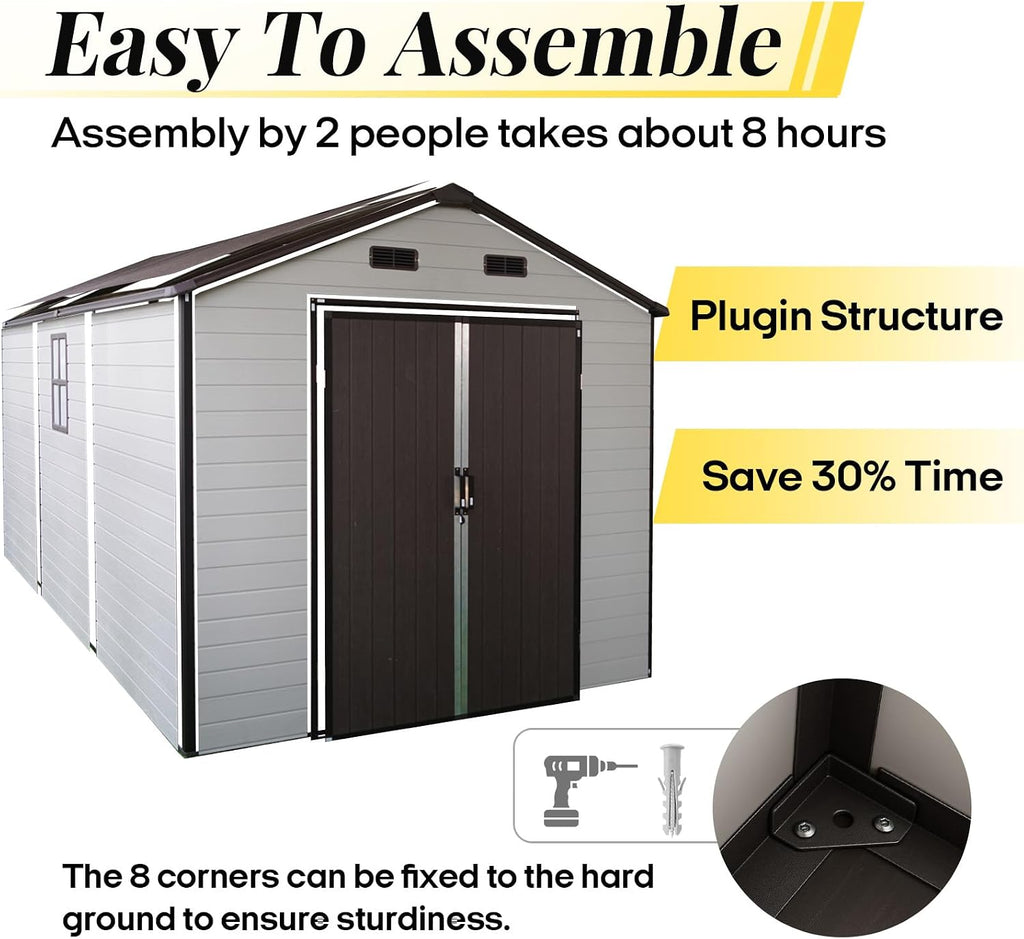 8x14ft Resin Outdoor Storage Shed with Floor and 2 Windows, Plastic Sheds & Outdoor Storage Clearance for Patio Furniture, GardenTools, Bike Accessories and Lawn Mower, Brown+White