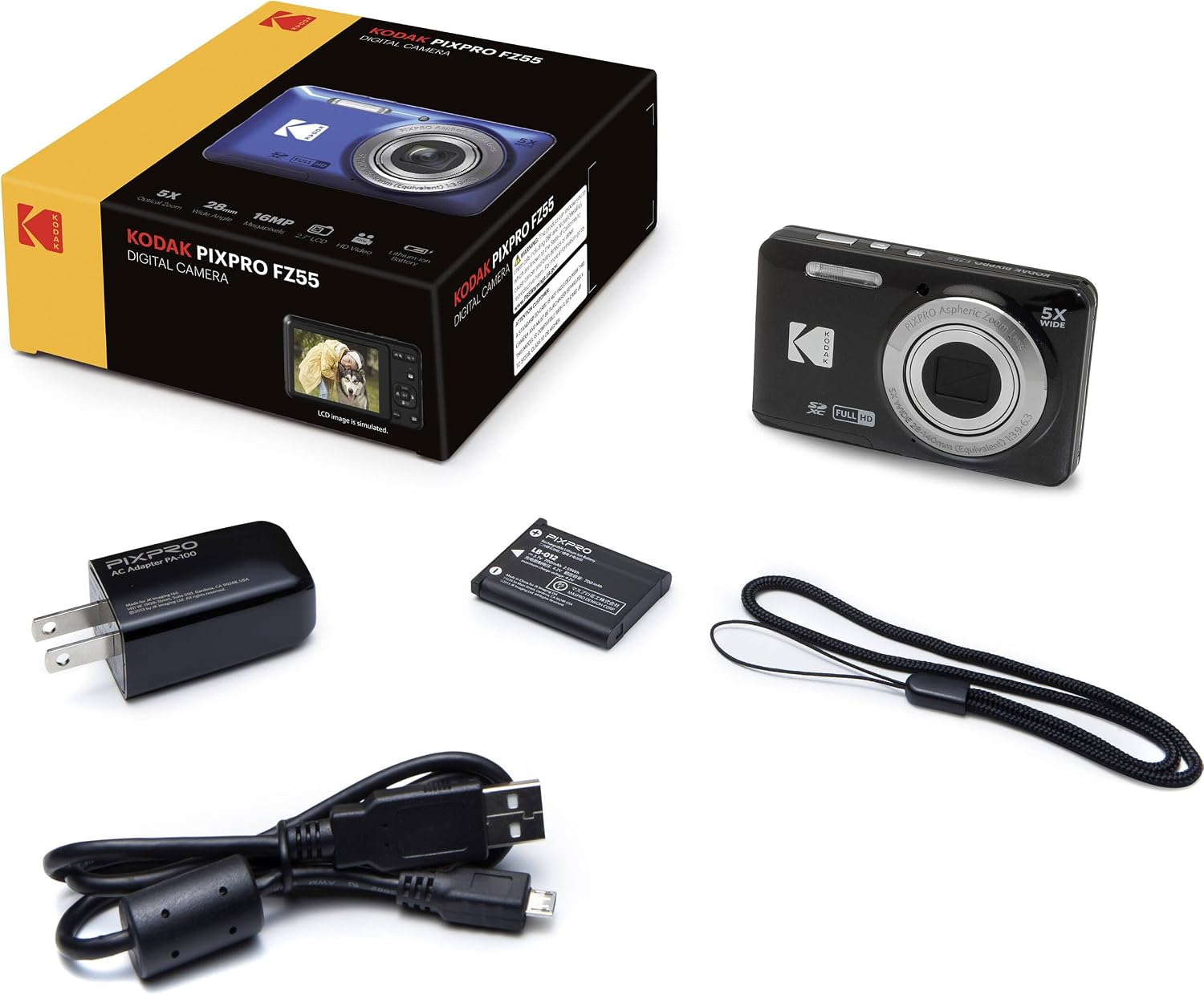 Kodak PIXPRO FZ55 Black 16MP Digital Camera 5X Optical Zoom 28mm Wide Angle 1080P Full HD Video 2.7' LCD Camera + 64GB Card and Reader + Memory Wallet + Tripod + Cleaning Bundle