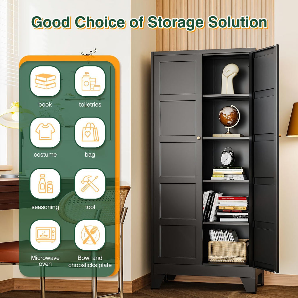 Letaya 71' H Metal Storage Cabinet with 2 Doors and 4 Shelves,Tall Kitchen Pantry Cabinets,Utility Pantry Organizers for Cupboard/Dining/Bathroom/Home Office/Garage (Black, 71' H x 16' D x 32' W)