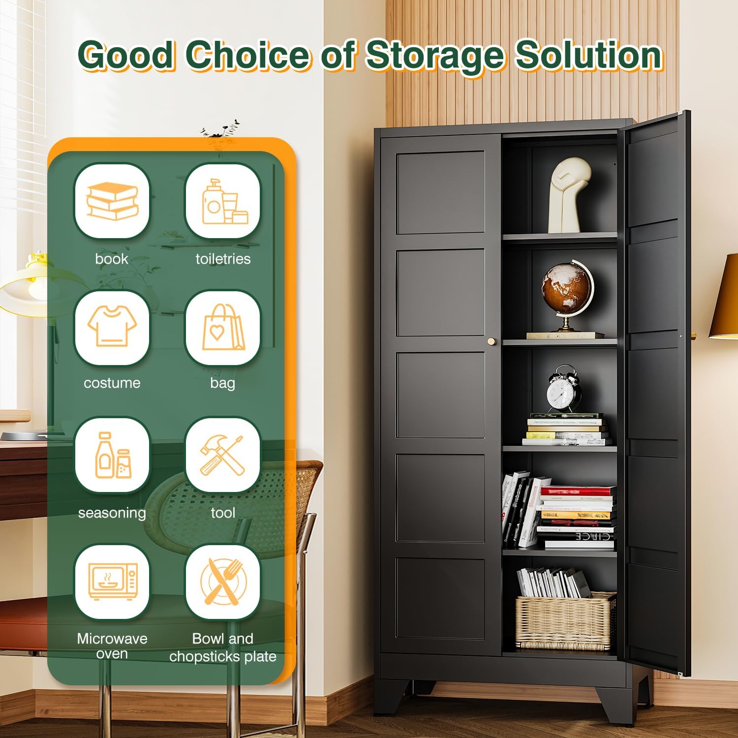Letaya 71' H Metal Storage Cabinet with 2 Doors and 4 Shelves,Tall Kitchen Pantry Cabinets,Utility Pantry Organizers for Cupboard/Dining/Bathroom/Home Office/Garage (Black, 71' H x 16' D x 32' W)