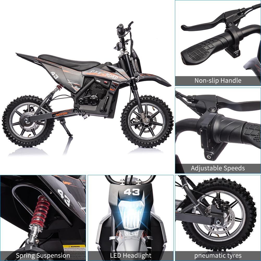 36V Kids Ride On Dirt Bike,15.5MPH Fast Speed Electric Battery-Powered Off-Road Motorcycle Max Load 175 Lbs,Led Light,Leather Seat,Disc Brake,Air-Filled Tires (Black, Brushless Motor)