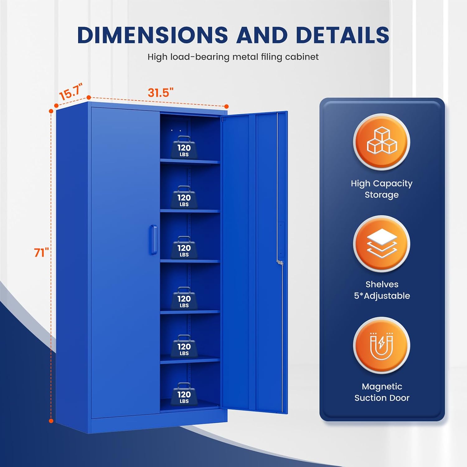 Yizosh Metal Garage Storage Cabinet with 2 Doors and 5 Adjustable Shelves - 71' Steel Lockable File Cabinet,Locking Tool Cabinets for Office,Home,Garage,Gym,School (Blue)