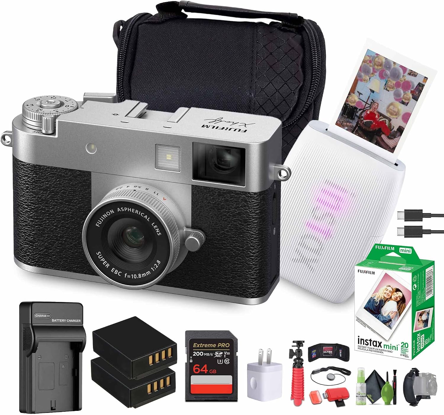 FUJIFILM X Half Premium Compact Digital Camera (Silver) Bundle with Fuji INSTAX MINI Link 3 Smartphone Printer (Clay White) + Instax Mini Film + Extra Battery + Charger + 64GB Memory Card + More
