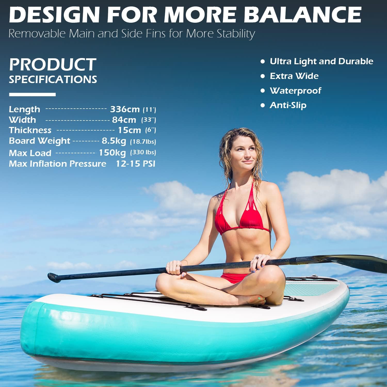 Paddle Board 11'x33 x6 Extra Wide Inflatable Stand Up Paddle Board with Hand Pump,Leash, Adjustable Paddle For Basic Version, Extra Kayak Paddle Kayak Seat 2 Fishing Mounts For Fishing Version