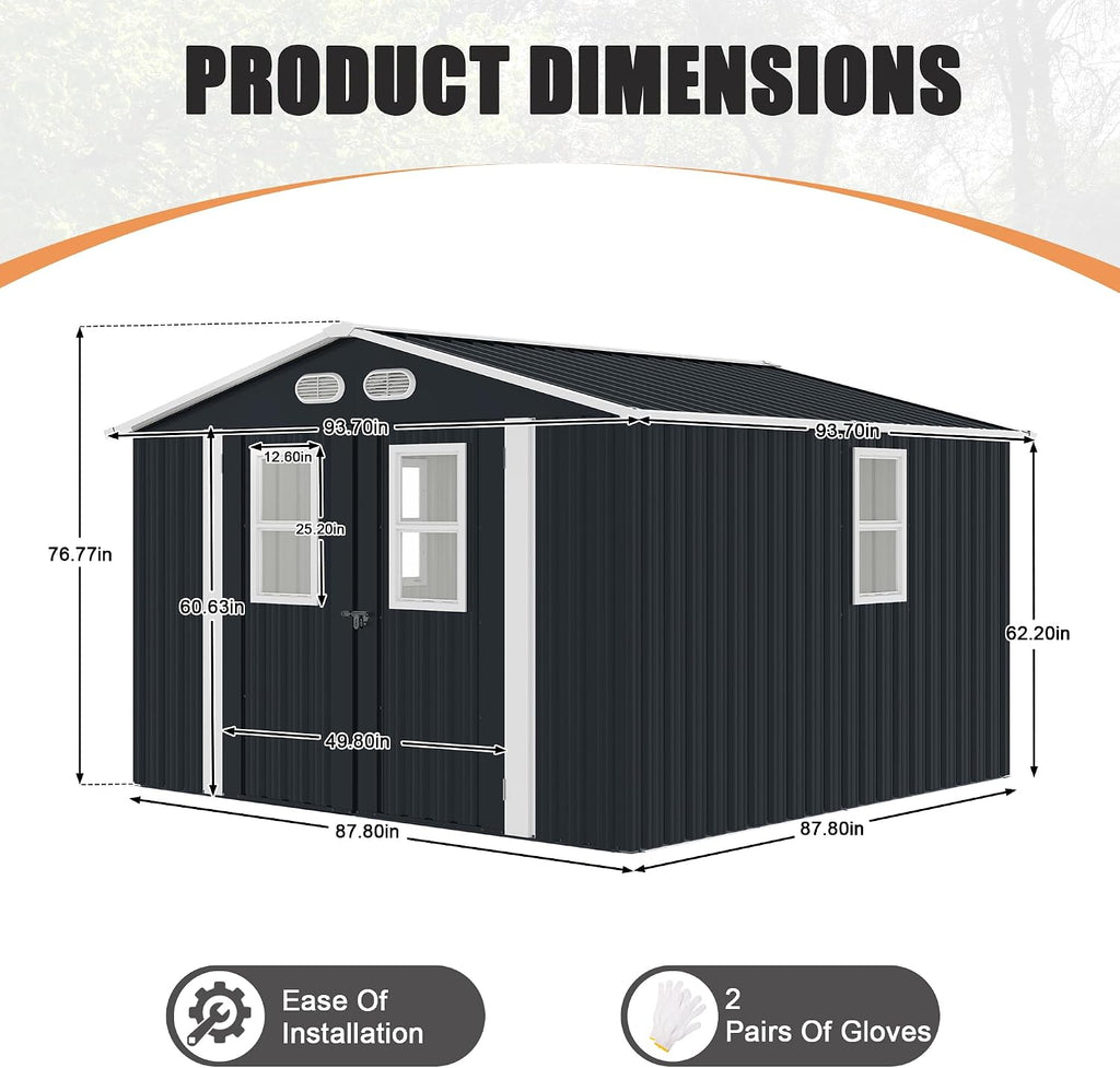YOPTO 8x8 SF Outdoor Storage Shed,Metal Shed with Lockable Doors & 4 Daylight Windows,Garden Tool Shed w/Air Vents & Sloped Roof, Ideal for Backyard,Patio,Lawn,Dark Gray