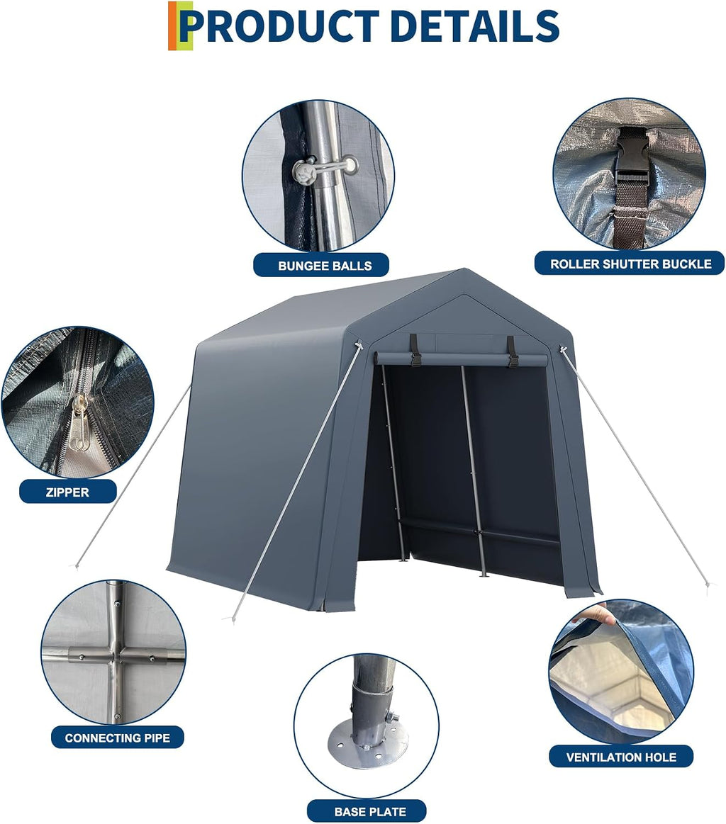 GarveeHome 6x6 FT Portable Outdoor Storage Shed with Roll-Up Zipper Door & Vent, 240G Heavy-Duty Shelter Waterproof PE Tarp, UV-Resistant Carport for Motorcycle, Firewood, Tools -Gray (Gray, 7x10)