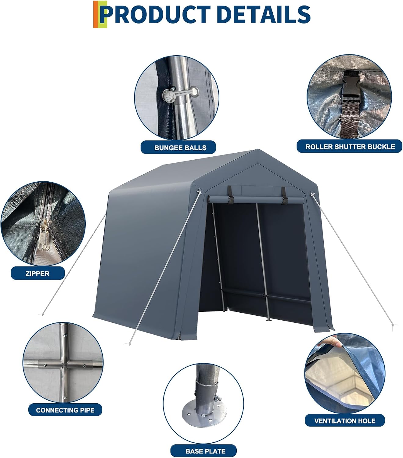 GarveeHome 6x6 FT Portable Outdoor Storage Shed with Roll-Up Zipper Door & Vent, 240G Heavy-Duty Shelter Waterproof PE Tarp, UV-Resistant Carport for Motorcycle, Firewood, Tools -Gray (Gray, 7x10)