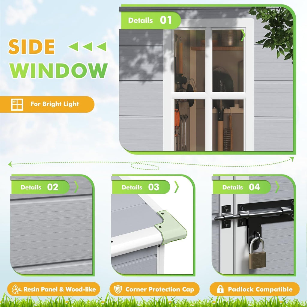 Devoko 6x4 FT Outdoor Storage Shed, Plastic Resin Garden Shed with Lockable Door & Built-in Floor, Waterproof Tool Shed for Backyard, Patio, Lawn, Pool Supplies (Grey)
