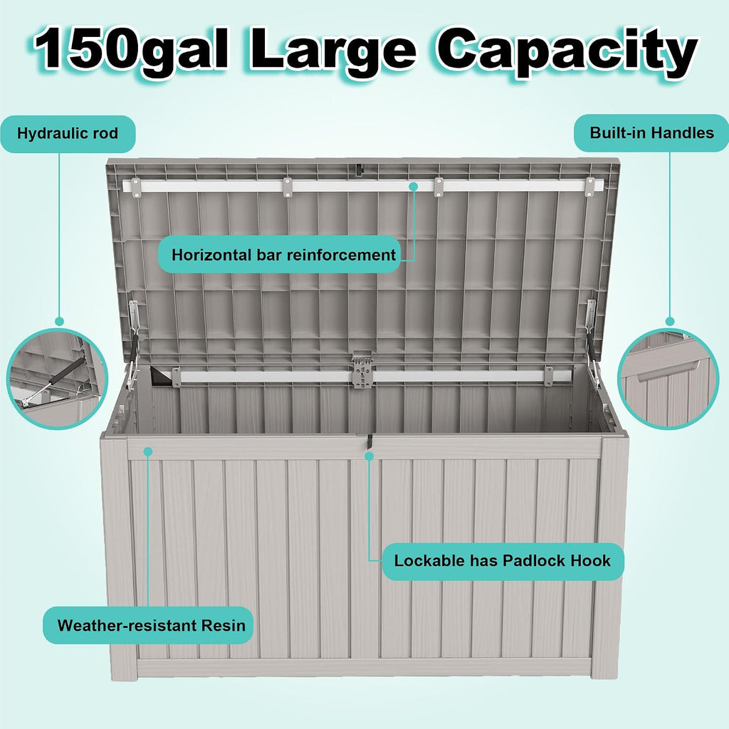 EasyUp 150Gal Outdoor Deck Box Waterproof, Lager Patio Storage Box Indoor and Outdoor Use, Lockable Resin Storage Bin for Patio Furniture Cushions Garden Tools, Package Delivery,UV Resistant-Grey
