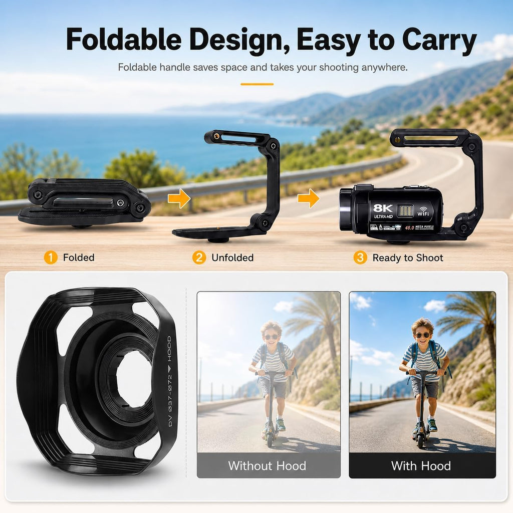 Video Camera, 8K Camcorder 48MP 15FPS UHD WiFi Vlogging Camera with IR Night Vision for YouTube, 3' Touch Screen 18X Digital Zoom, with Fill Light, Mic, Stabilizer, Lens Hood, Remote and 2 Batteries