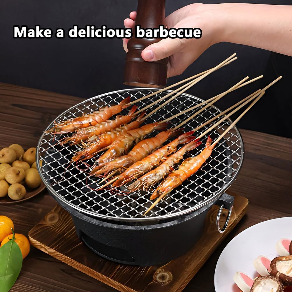 AIZYR Mini BBQ Grill, Portable Charcoal Stove Korean Tabletop Grill Barbecue Grill with Wooden Base for Outdoor Party Camping Picnics,28cm