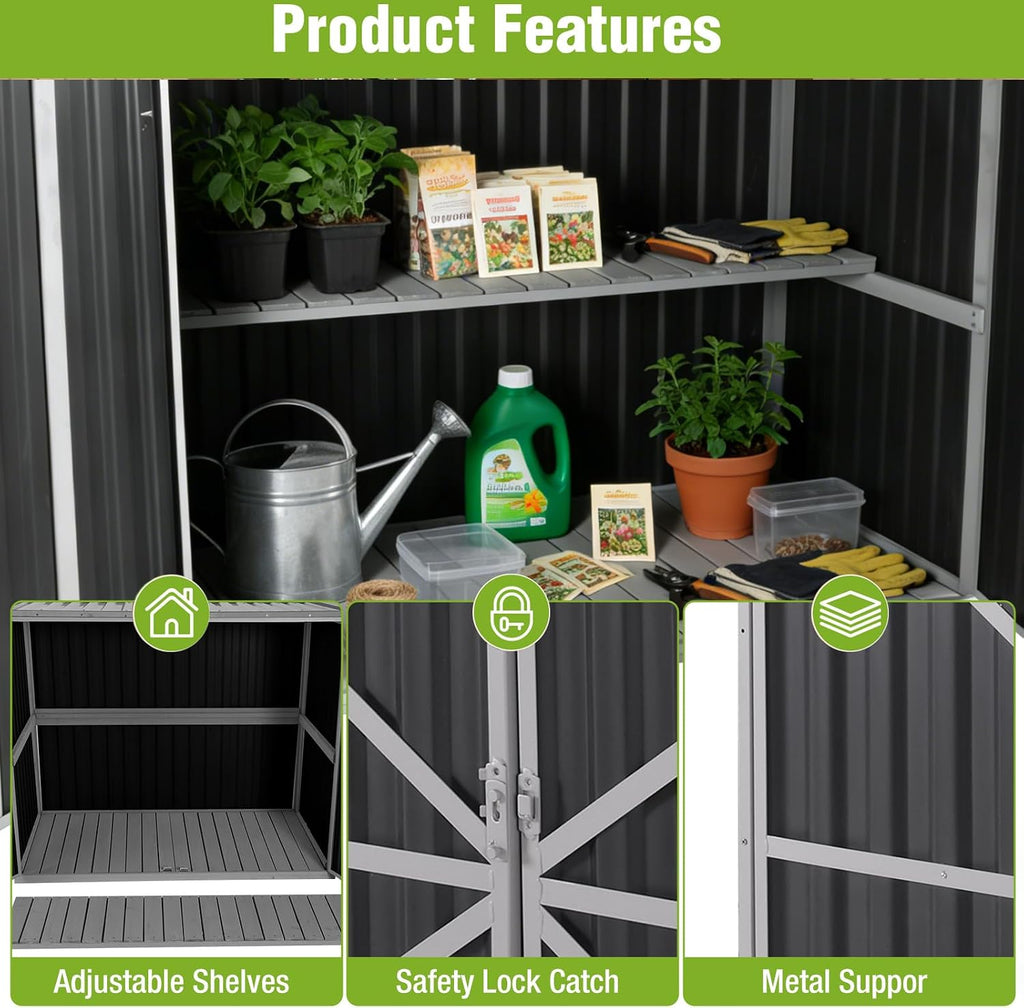 Outdoor Storage Shed with Metal and Wood Frame, Resin Garden Sheds with Removable Shelves and Floor, Weatherproof Plastic Roof Outdoor Trash Can Shed, Horizontal Storage Cabinet for Patio(Black)