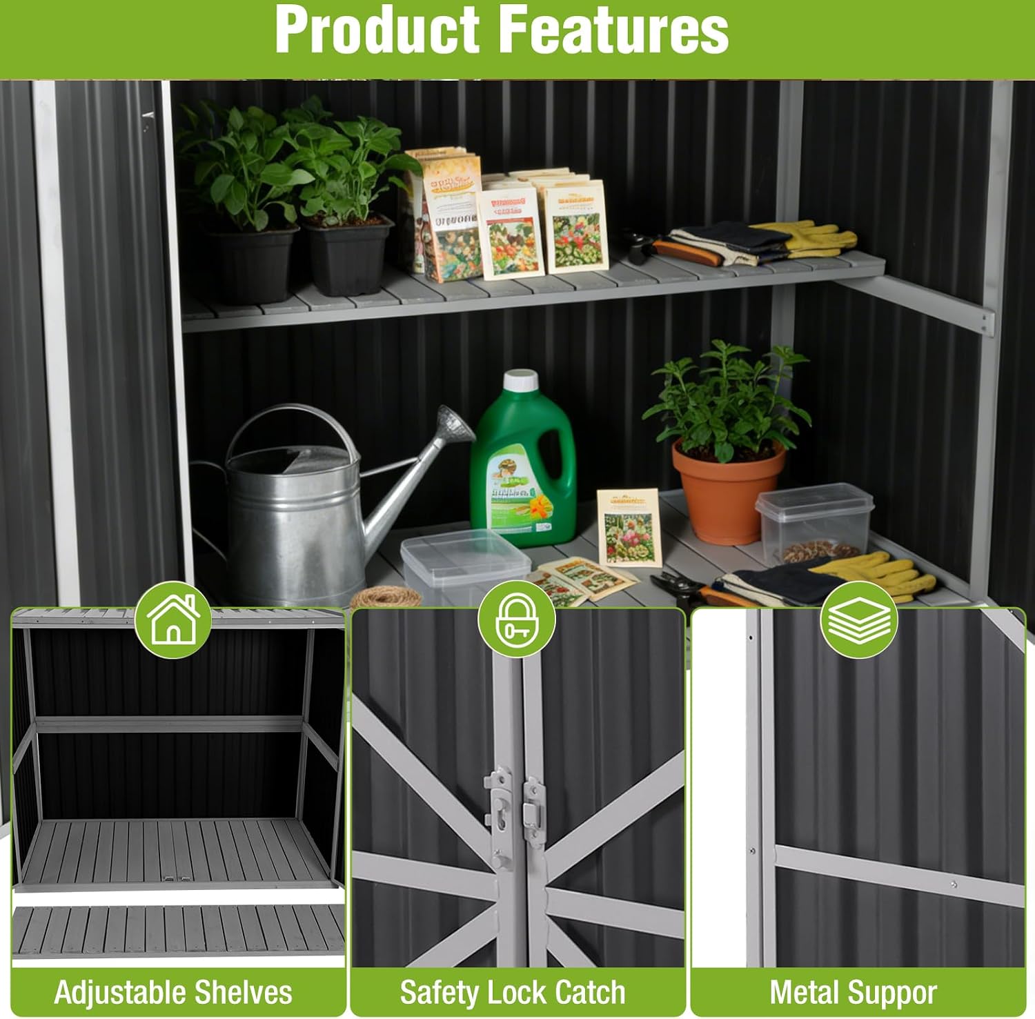 Outdoor Storage Shed with Metal and Wood Frame, Resin Garden Sheds with Removable Shelves and Floor, Weatherproof Plastic Roof Outdoor Trash Can Shed, Horizontal Storage Cabinet for Patio(Black)