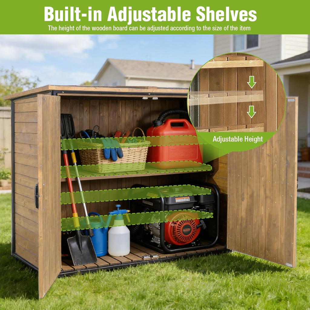 Outdoor Storage Shed with Strong Metal Frame, Wooden Garden Sheds with Adjustable Shelves and Removable Floor, Weatherproof Outdoor Trash Can Shed, Horizontal Storage Cabinet for Patio