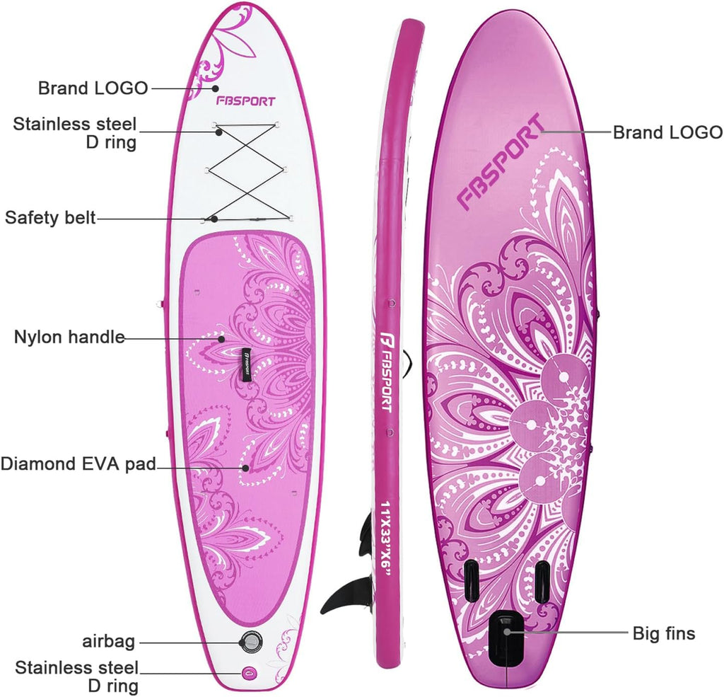 FBSPORT 11' Premium Stand Up Paddle Board, Yoga Board with SUP Accessories & Carry Bag | Wide Stance, Surf Control, Non-Slip Deck, Leash, Paddle and Pump for Youth & Adult