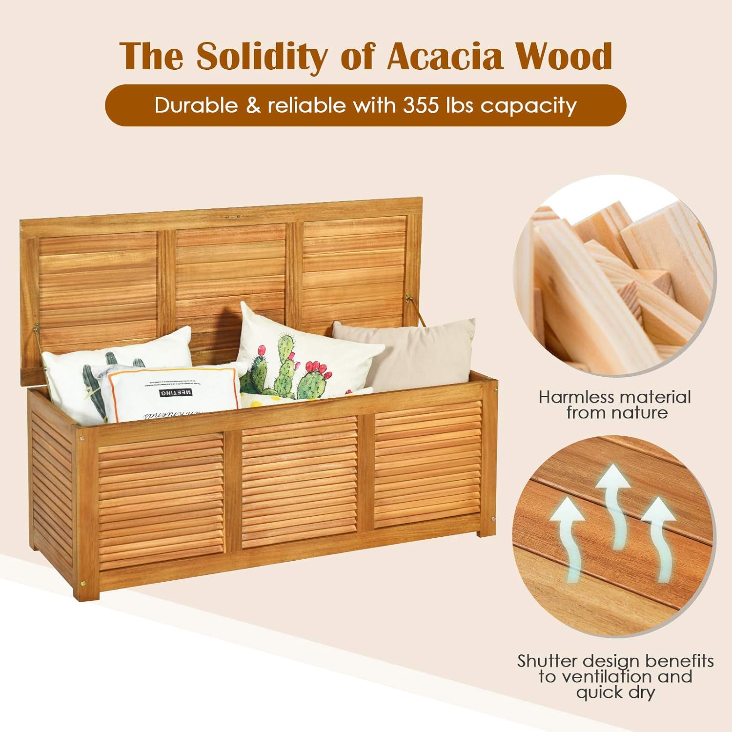 HAPPYGRILL 46 Gallon Acacia Wood Deck Box, Outdoor Storage Box Garden Tools Box Container for Patio Garden Garage