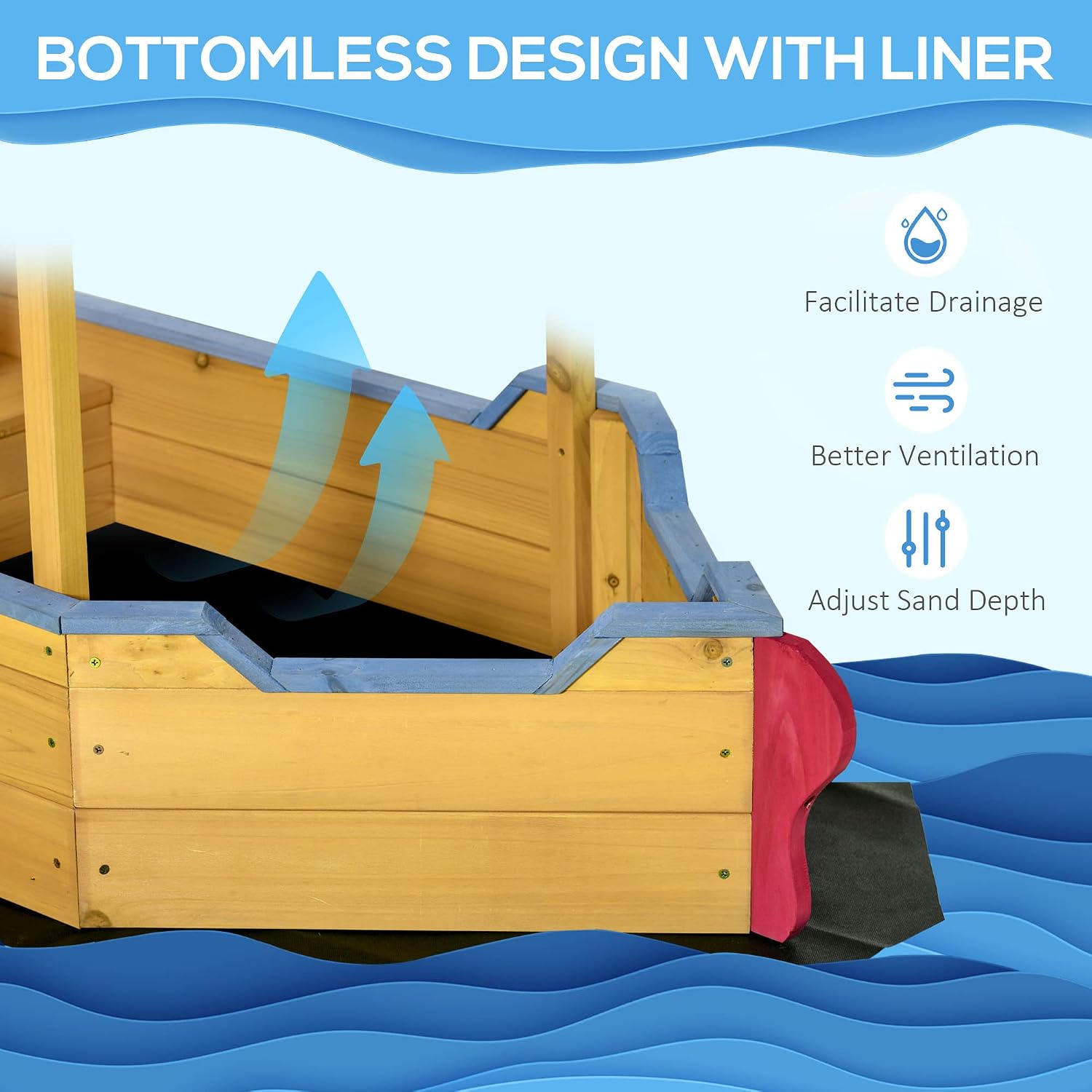 Outsunny Wooden Kids Sandbox with Canopy, Ship-Shape Outdoor Sandboat with Bench Seats, Storage, Non-Woven Fabric Cloth for Backyard, Lawn, Orange