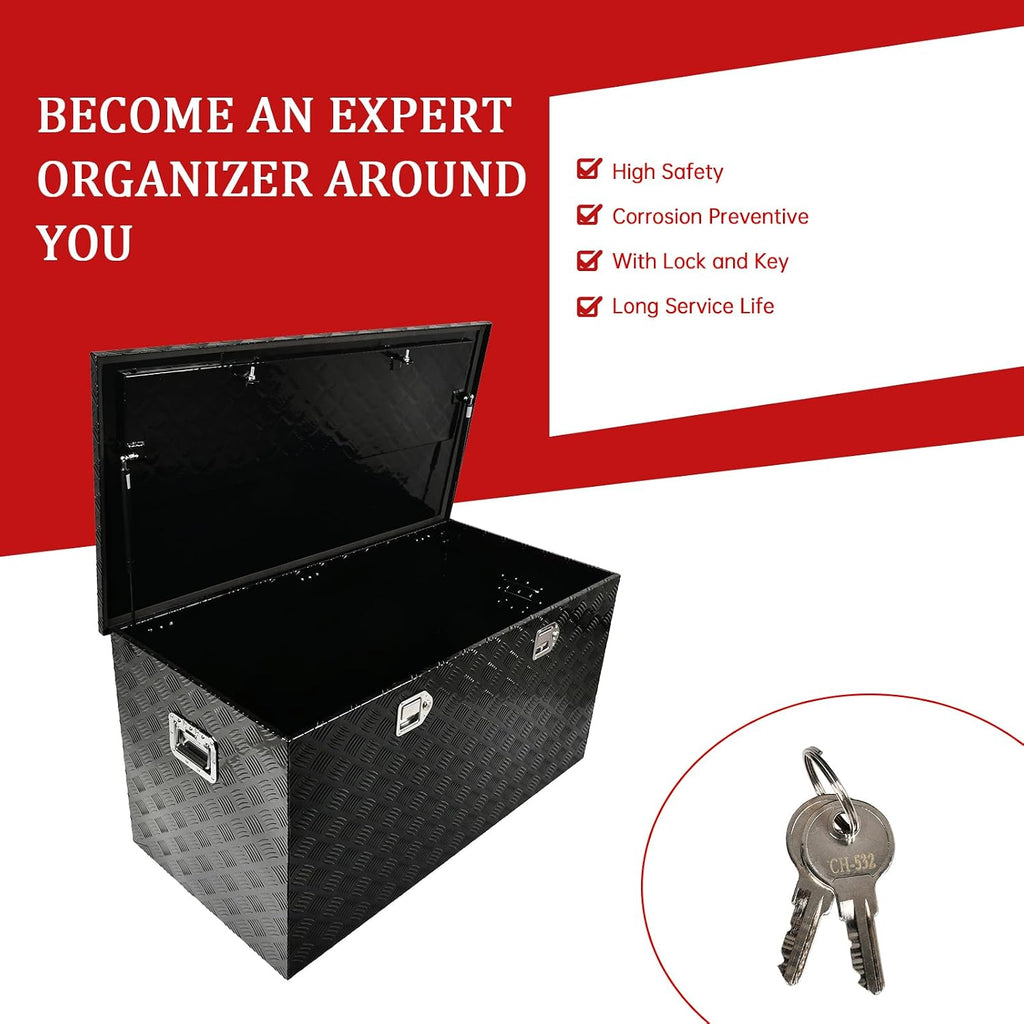 48''Inch Aluminum Truck Tool Box Truck Bed Toolbox Truck Trailer Chest Box Trailer Underbody Storage Organizer Waterproof Square Storage Organizer w/Lock & Keys Black(‎48' Lx24''x24'')
