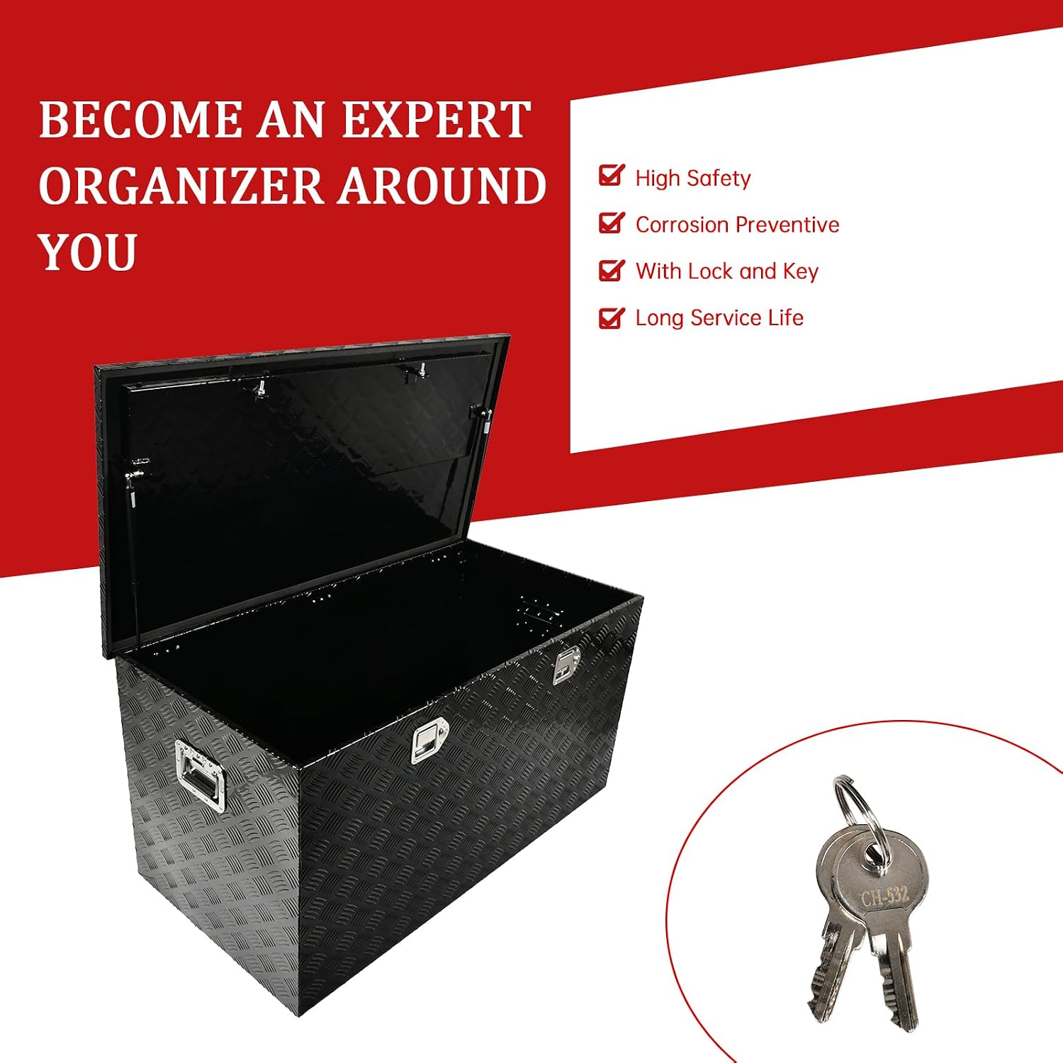 48''Inch Aluminum Truck Tool Box Truck Bed Toolbox Truck Trailer Chest Box Trailer Underbody Storage Organizer Waterproof Square Storage Organizer w/Lock & Keys Black(‎48' Lx24''x24'')