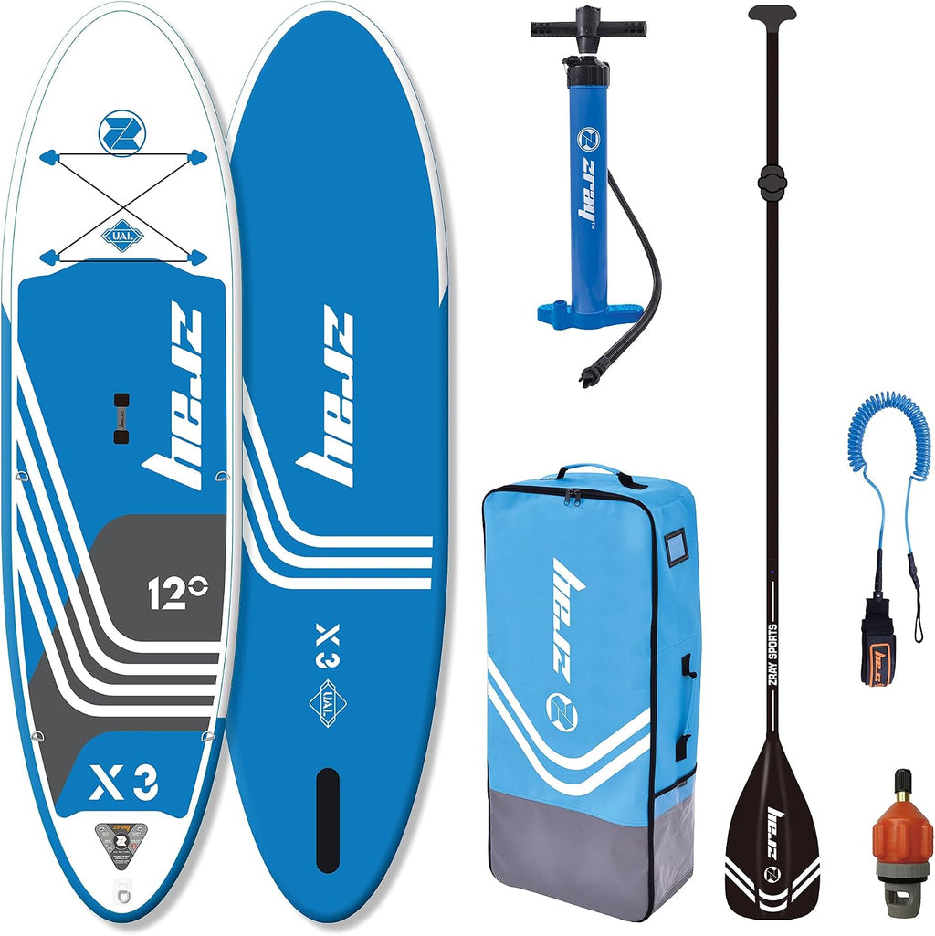 Zray 12 Foot X-Rider Epic X3 Inflatable SUP Outdoor Sport All Around Stand Up Paddle Board Kit with Ultimate Agile Light Technology, Blue/White