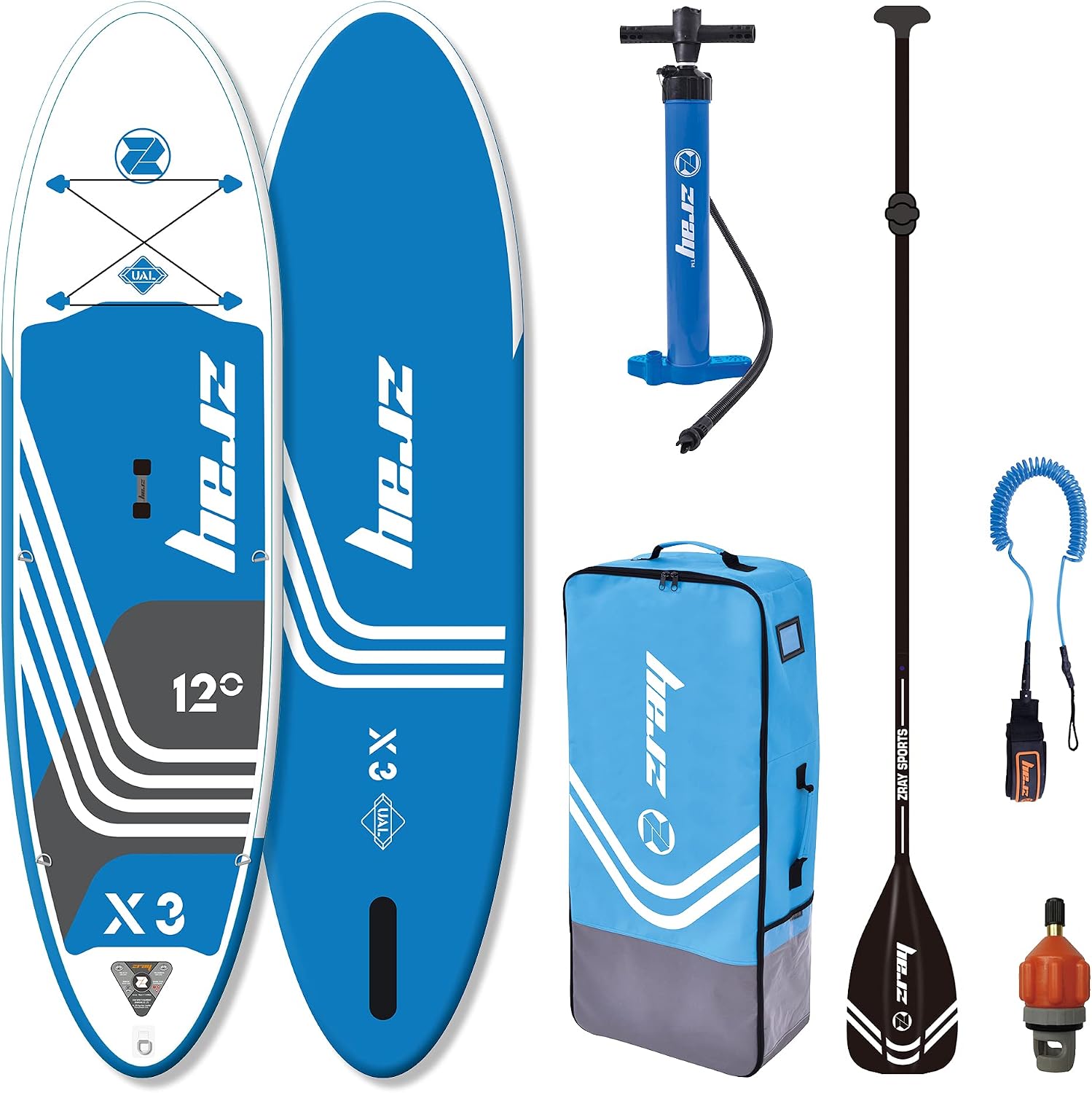 Zray 12 Foot X-Rider Epic X3 Inflatable SUP Outdoor Sport All Around Stand Up Paddle Board Kit with Ultimate Agile Light Technology, Blue/White