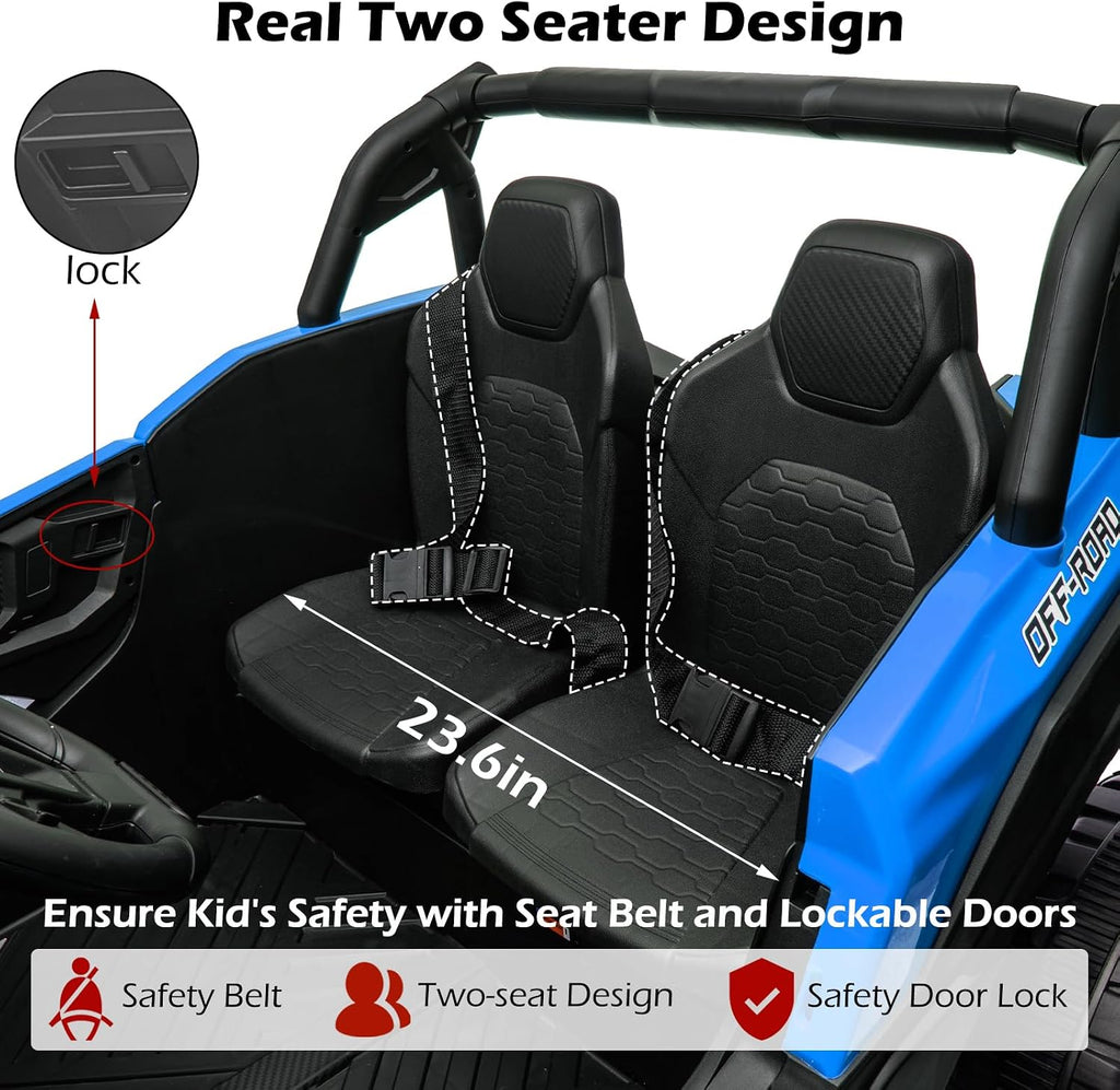 OTTARO 24V XXXL Electric Cars 2 Seater, Ride on Cars Vehicles for Big Kids, 4WD Ride on UTV Truck w/Remote Control, 25' Spacious Seat, 2 Safety Belts, Bright Light, Music Player,Bluetooth（Blue）